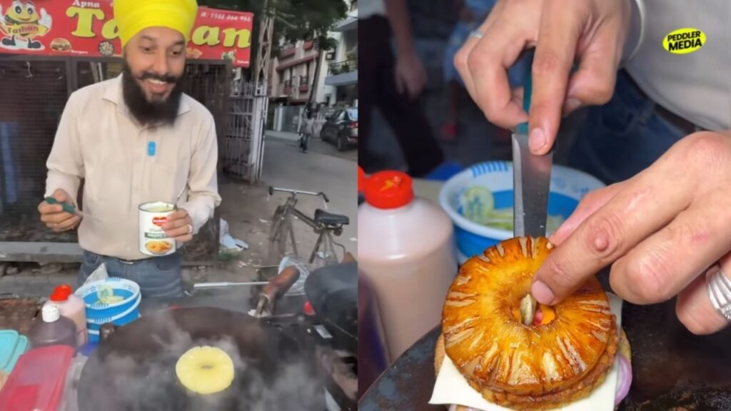 Panchkula vendor caramelizing a fresh fruit slice on a tawa to assemble the Most Unique Pineapple Burger Of India.