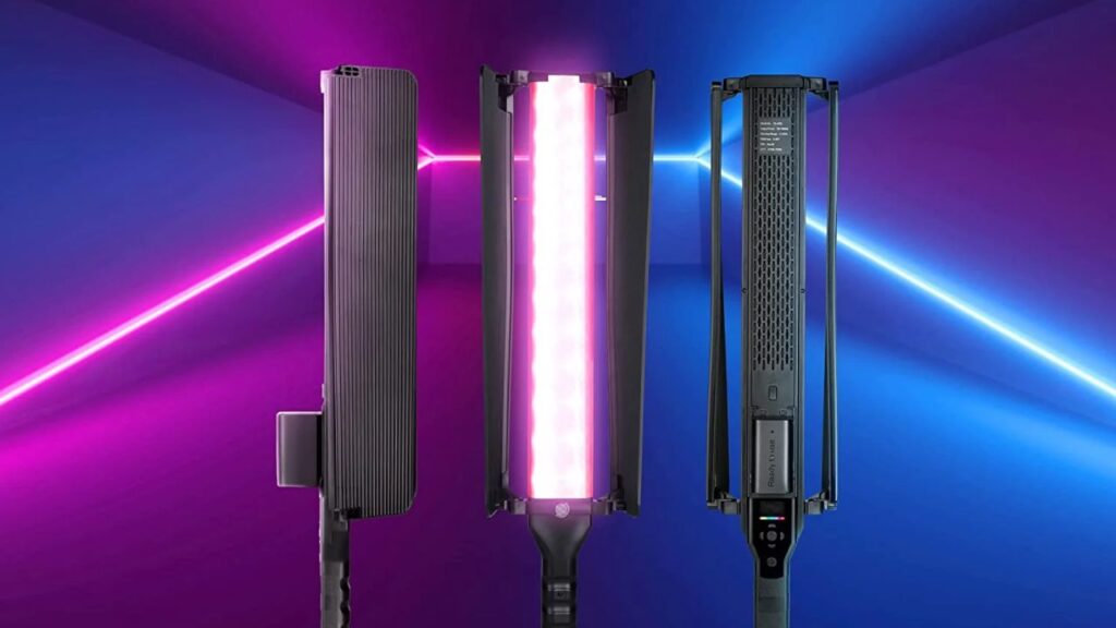 A professional portable RGB LED stick light wand with barn doors showing three different angles, perfect as essential gear for content creators to improve video lighting.
