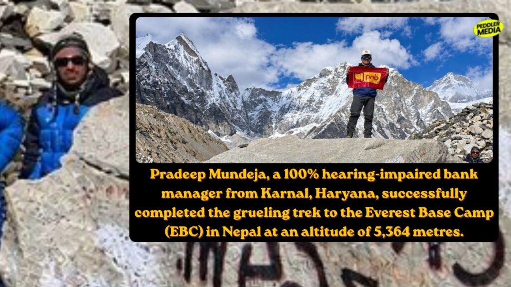 Pradeep Mundeja at Everest Base Camp with Punjab National Bank flag