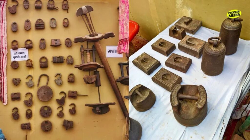 Ancient iron locks, a traditional wooden madhani, and historic measurement weights displayed at the Rakhigarhi Festival 2026 in Rakhigarhi Haryana.
