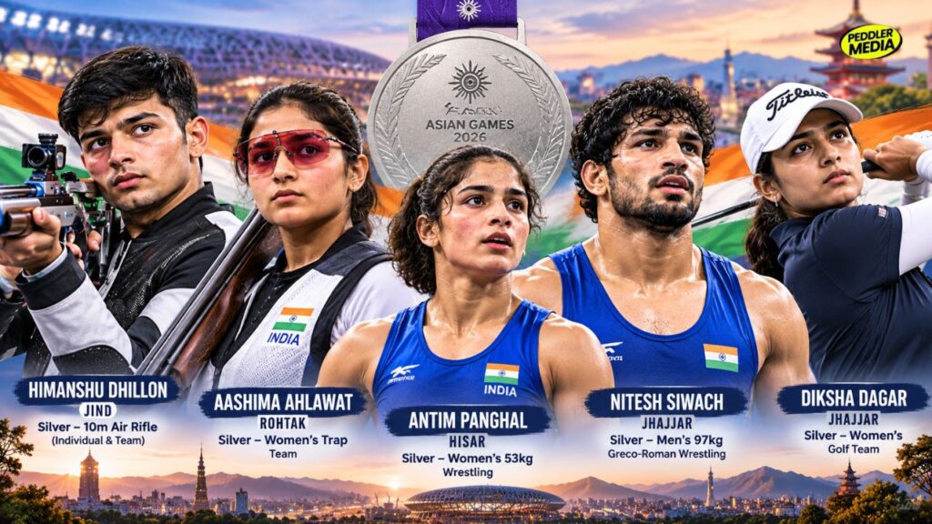 Asian Games 2026 Haryana Silver Medal Winners including Antim Panghal, Himanshu Dhillon, and Diksha Dagar representing India in Japan