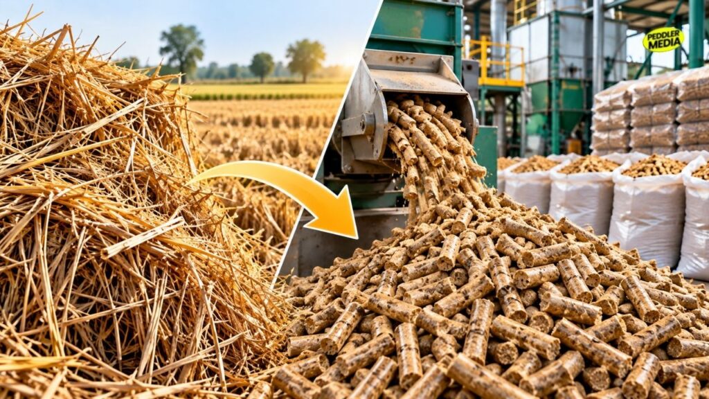 Agricultural crop residue processing machine converting loose paddy stubble into hard compressed bio-fuel pellets inside a factory in Haryana.