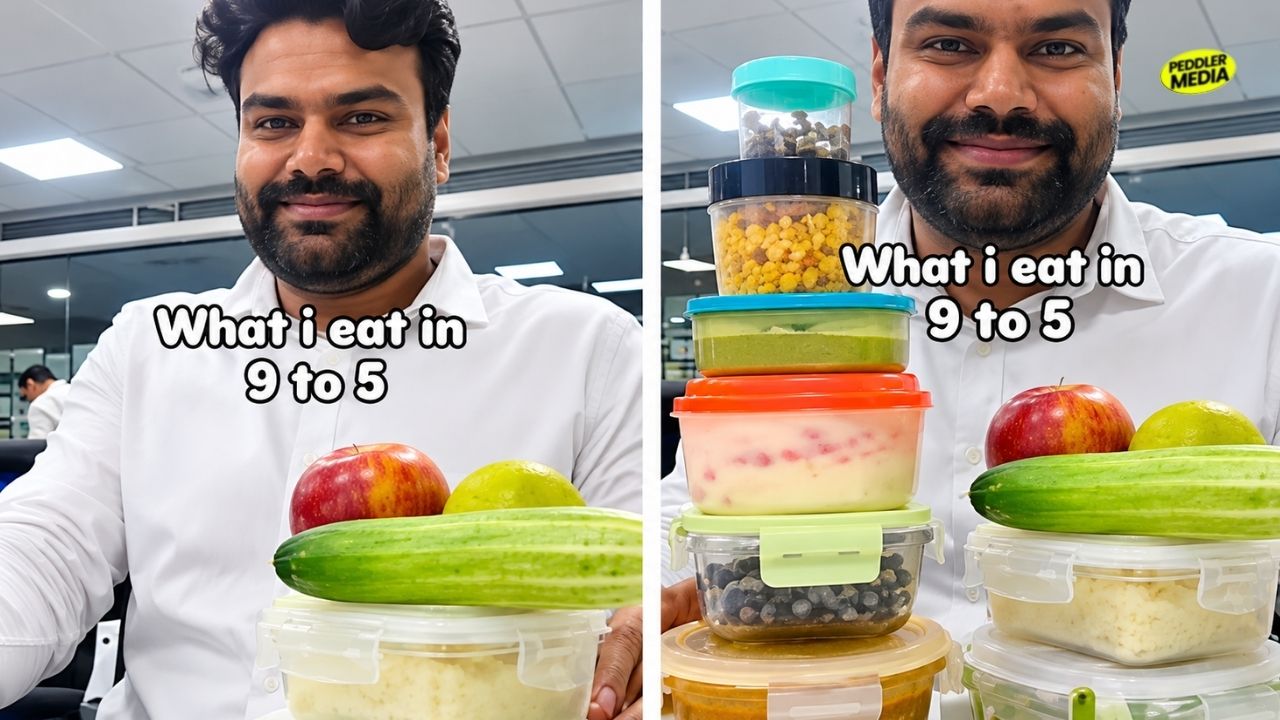 Corporate employee holding multiple tiffins at his desk for the what i eat at my 9-5 job viral internet trend.