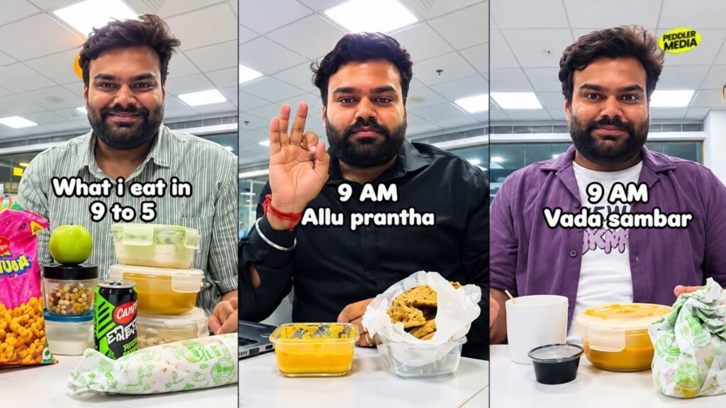 A corporate employee showing his 9 AM office breakfast options like allu prantha and vada sambar for 'What I Eat at My 9-5 Job' trend.

